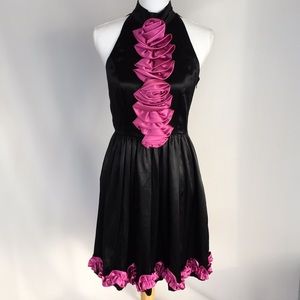 Kensie Black/Magenta Ruffled Satin Dress NWT